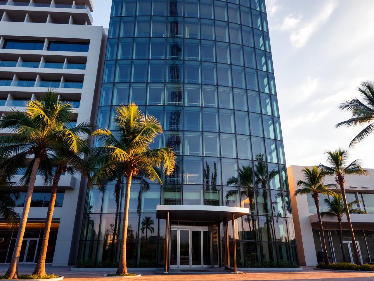 Fachada de edifício comercial com entrada envidraçada