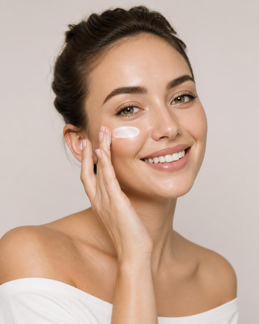 Paciente aplicando creme dermatológico no rosto, com pele saudável