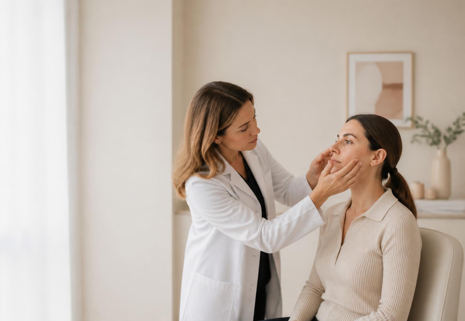 Dermatologista realizando exame clínico da pele de uma paciente