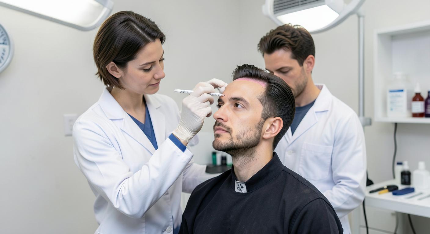 Planejamento médico de transplante capilar com marcação da linha frontal